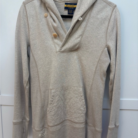 Vtg Ralph Lauren Rugby Beige Hoodie Kangaroo Pockets Elbow Patches size M - Picture 3 of 14